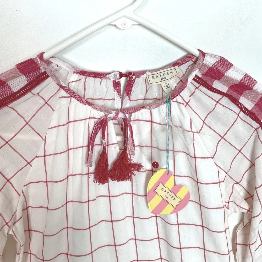 Hayden Girls Red White Plaid Checkered Tassel‎ Peplum Blouse Top Size L NWT